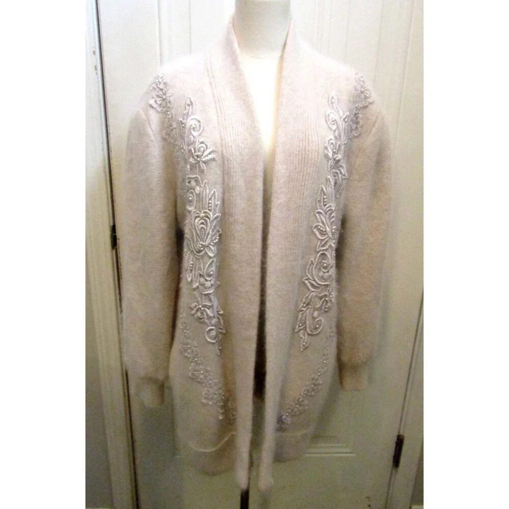Vintage Gizel Angora Pearl Embroidered Cardigan L XL Cottagecore Luxe Korea